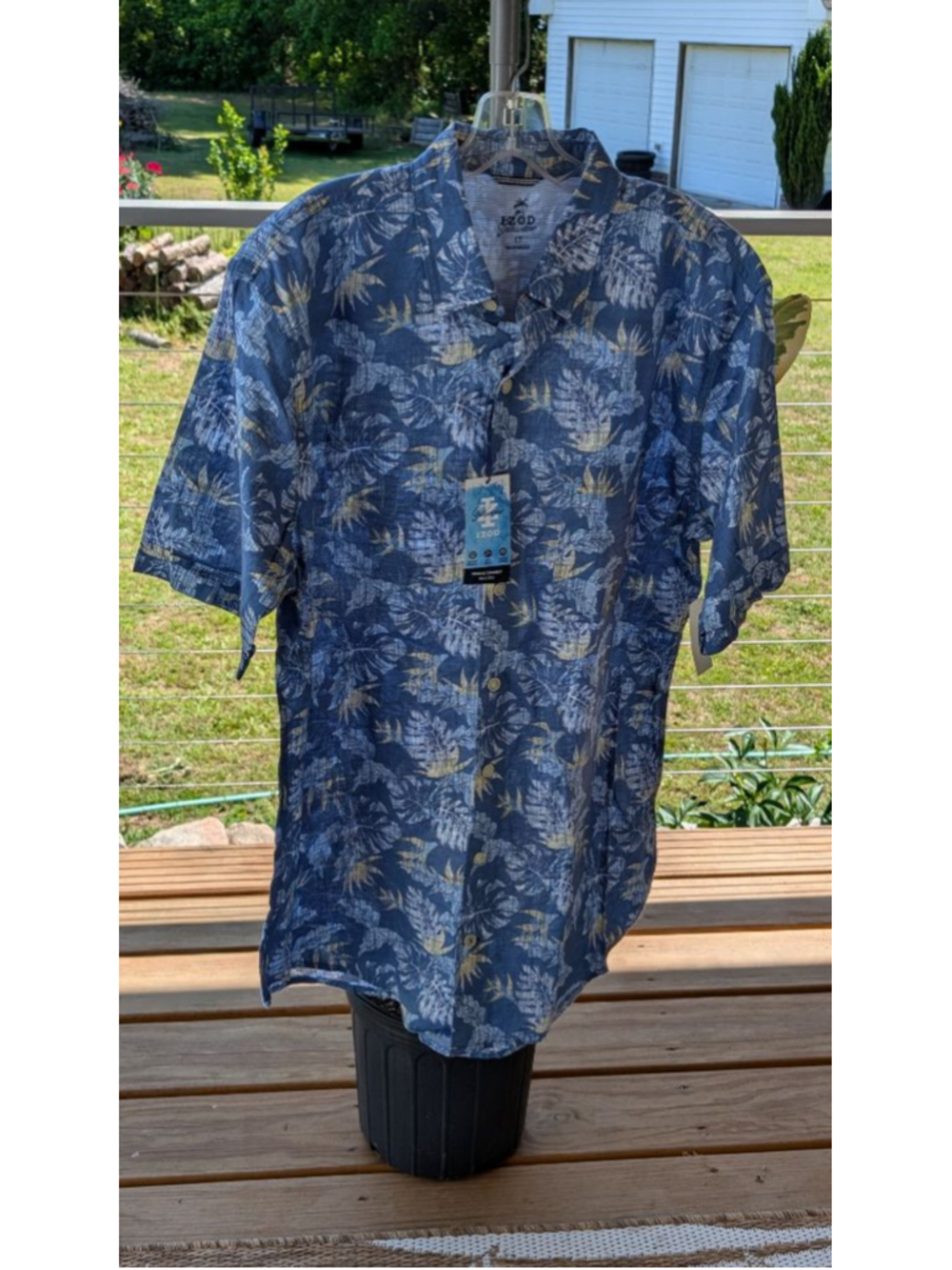 Men's IZOD Blue Yellow Palm Print Casual Button Down Shirt LT